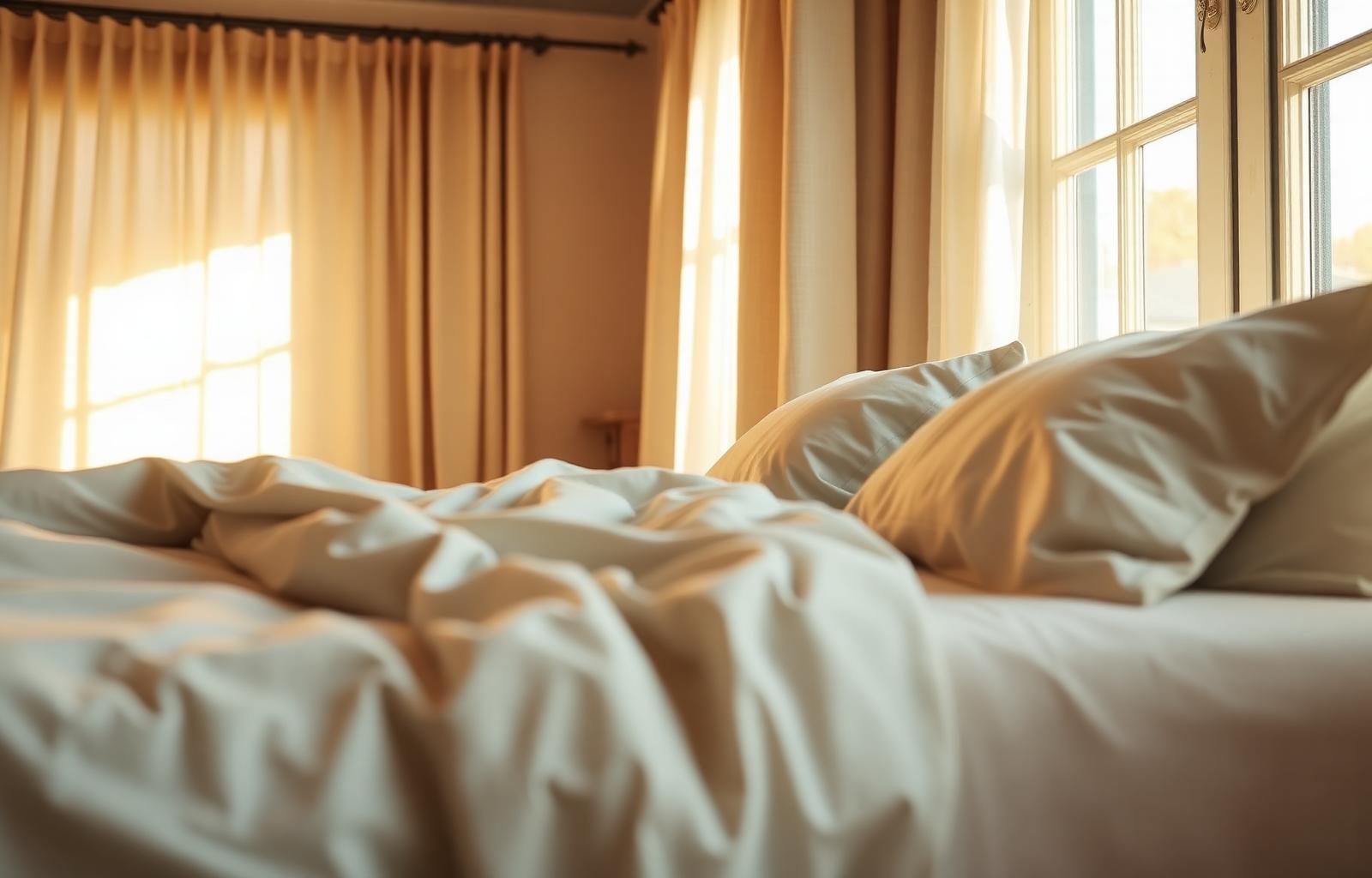 Sage-blue bamboo bed sheets in soft morning light